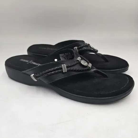MinneTonka Silverthorne Thong Sandals Size 10 Womens Black Leather Concho - Picture 1 of 6